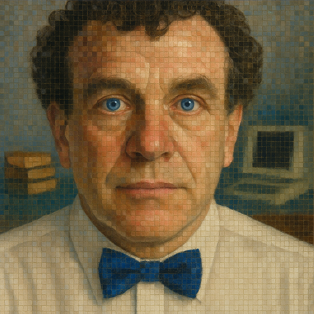 Mosaic portrait in the style of Chuck Close with grid of colorful tiles forming a detailed image