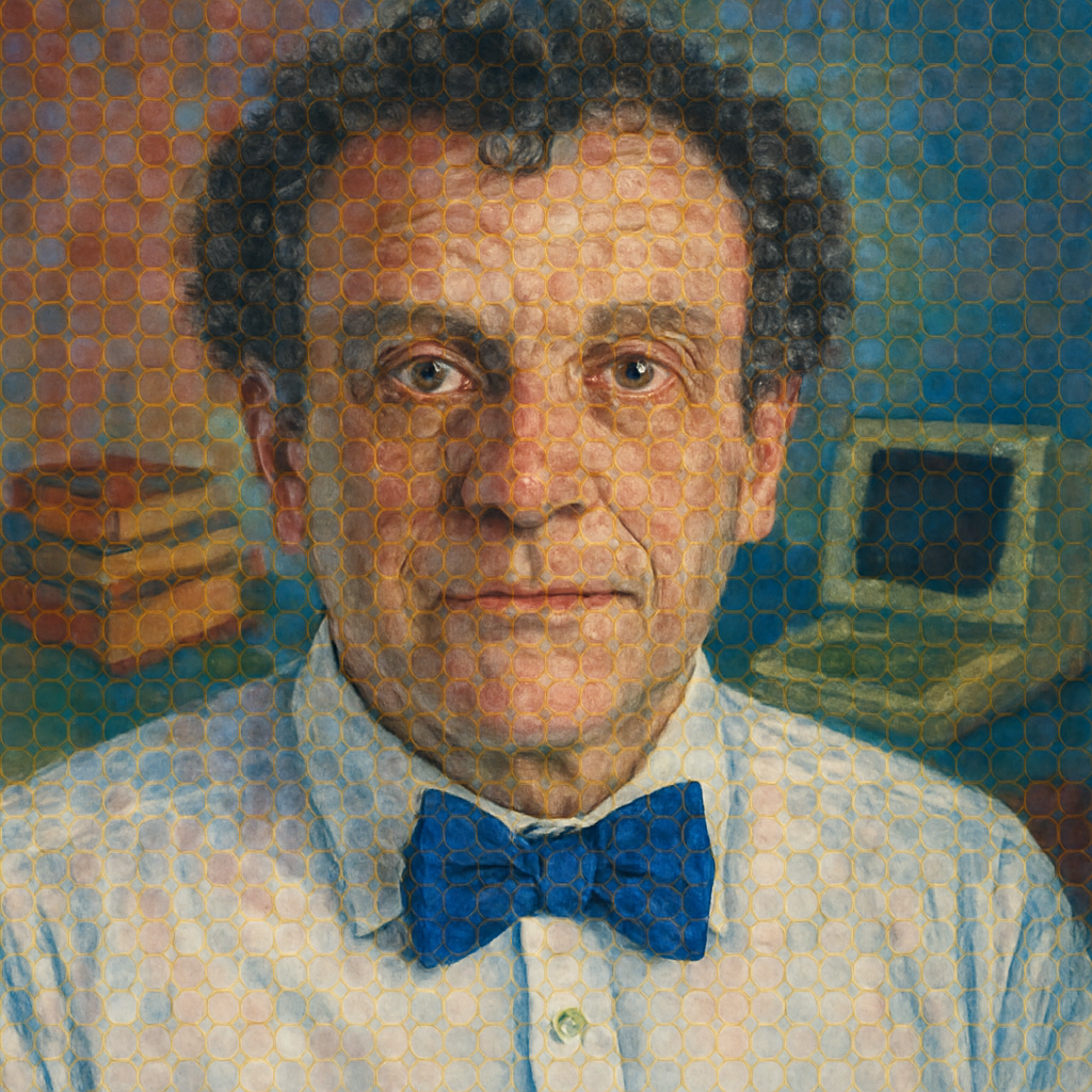 Mosaic portrait in the style of Chuck Close with grid of colorful tiles forming a detailed image