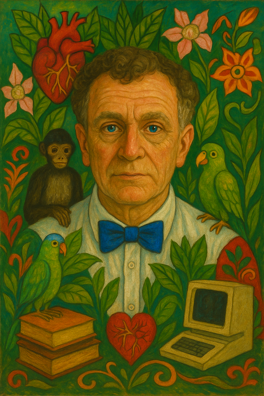 Surreal symbolic portrait in the style of Frida Kahlo with botanical motifs and dramatic elements